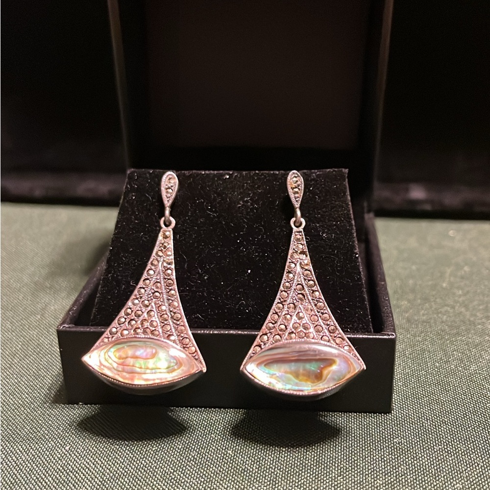Vintage Silver and Abalone Drop Earrings 925 “sp” hallmark Markasite